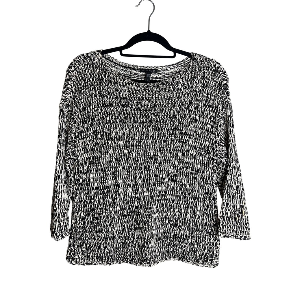 Eileen Fisher Boxy Open Knit Top Sz S Black White 3/4 Sleeve Breathable